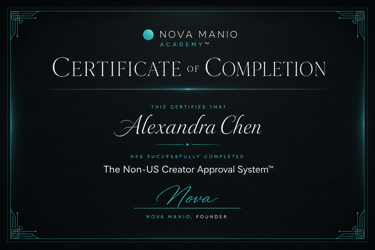 Nova Manio Academy Certificate of Completion mockup