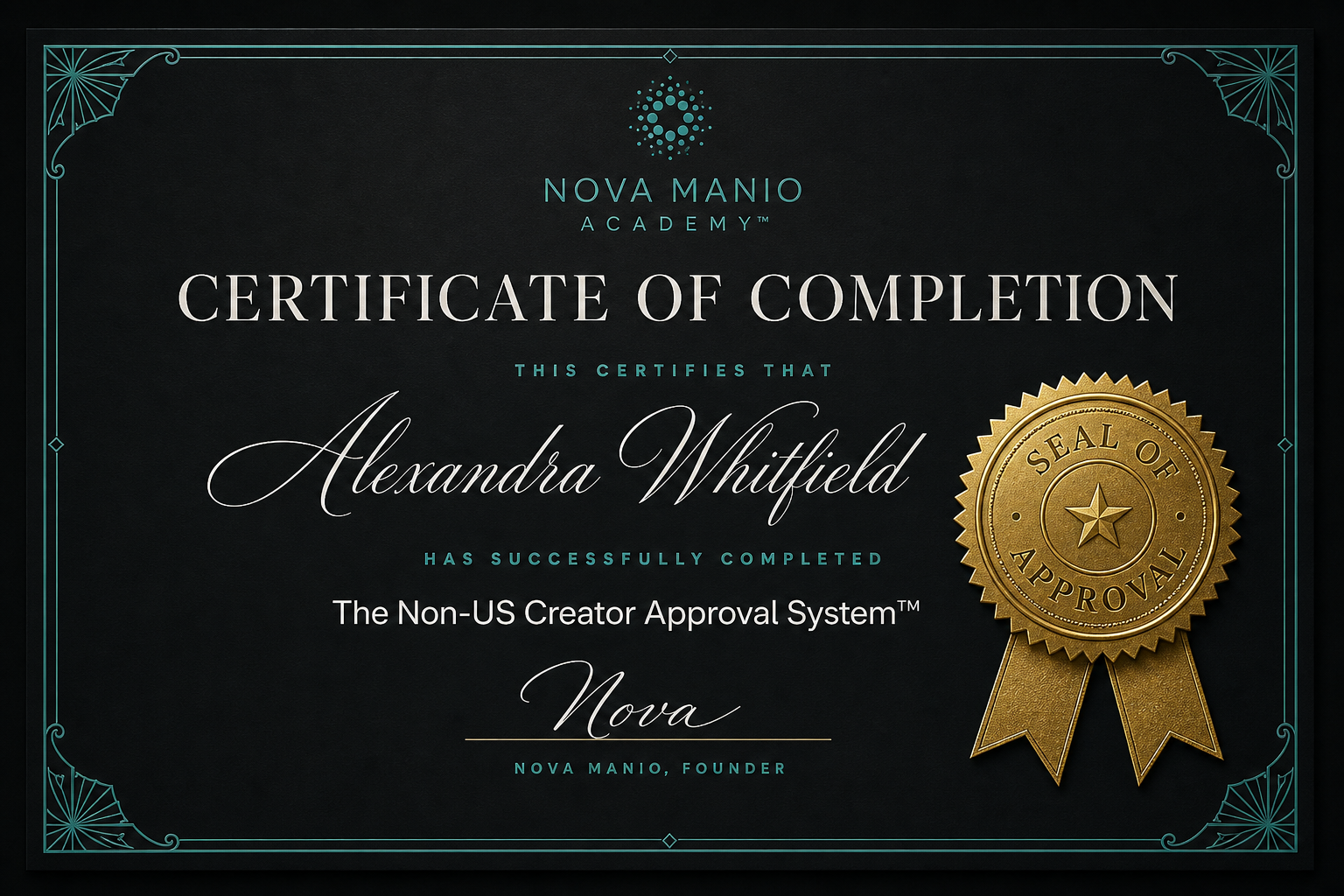 Nova Manio Academy Certificate of Completion with gold seal of approval
